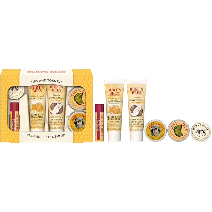 Burt's Bees Back to School Gifts Ideas, 6 Body Care College Dorm Products, Tips and Toes Set - Pomegranate Moisturizing Lip Balm, 2 Hand Creams, Foot Cream, Cuticle Cream & Hand Salve-Velvo Beauty
