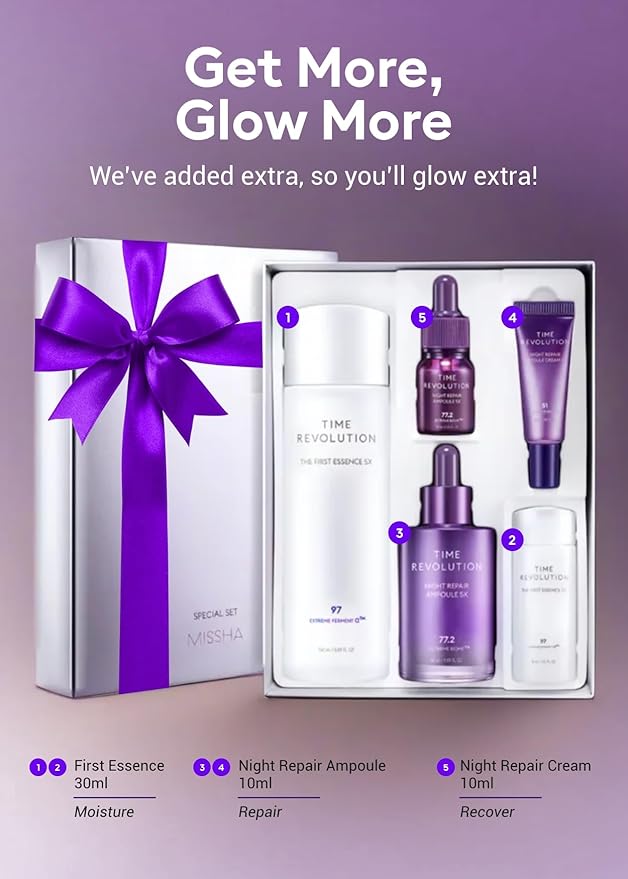 MISSHA Time Revolution Gift Set The First Essence 5X & Night Repair Ampoule 5X for Radiant, Youthful Skin-Velvo Beauty