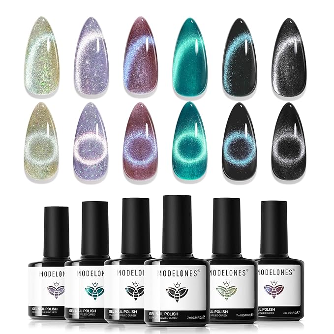 modelones Cat Eye Gel Nail Polish Set, 6 Colors Holographic 9D Glassy Cat Eye Glitter Gel Polish Set Black Blue Purple Green Nail Polish Kit with Magnet Soak Off LED Nail Art DIY Salon Gift-Velvo Beauty