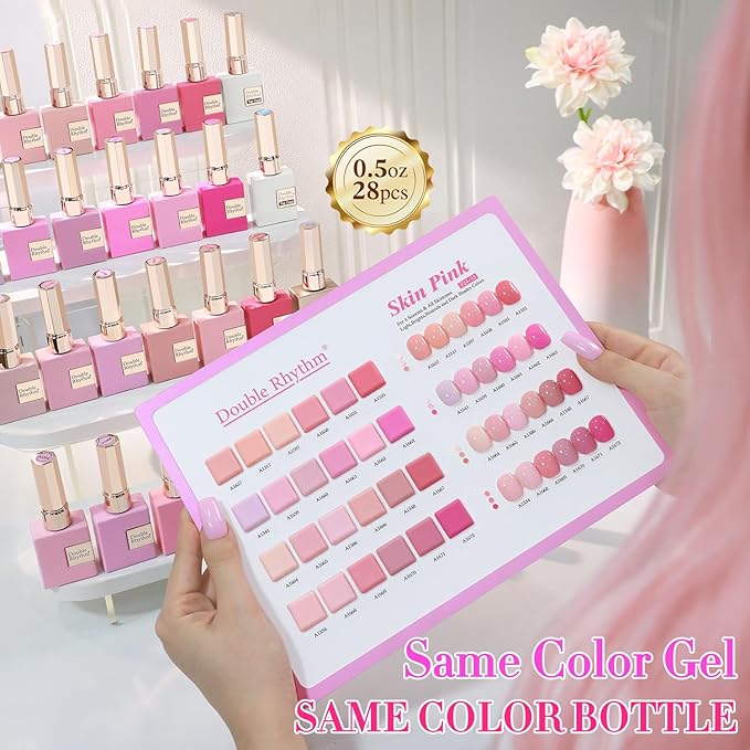 Double Rhythm 28Pcs 0.5Oz Gel Nail Polish Set Same Color Same Bottle Soak Off Gel Polish Kit Nail Art Manicure Salon DIY at Home for Women (Neutral Skin Pink Nude Collection-T24-12)-Velvo Beauty