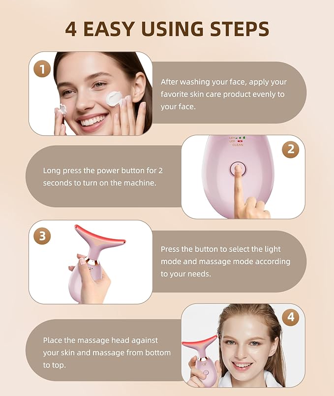 7 Color Face and Neck Massager Light Therapy, Red Light Based Facial Massager for Skin Care, Firming, Smoothing (Pink)-Velvo Beauty