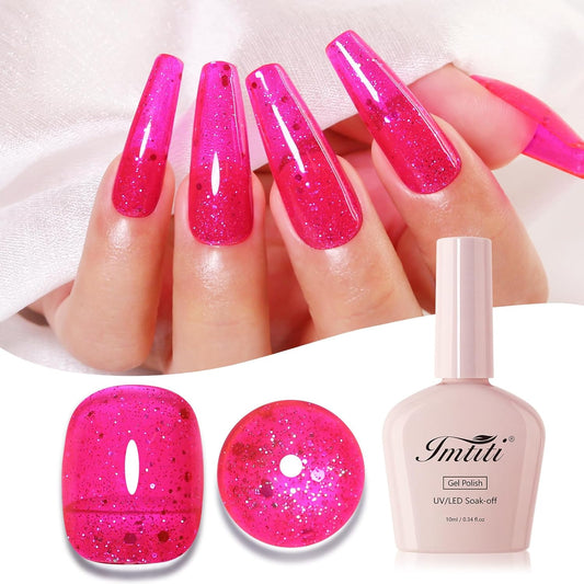 Imtiti Glitter Gel Nail Polish, Hot Pink Iridescent Glitter Gel Polish Diamond Shimmer Sparkle Soak Off UV LED Nail Gel Polish Autumn Winter Gel Polish Manicure Gel Nail Kit 10ML-Velvo Beauty