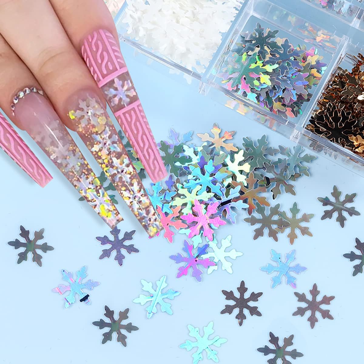 6 Grids Snowflake Nail Art Stickers Decals 3D Glitter Sequins Holographic Laser White Gold Silver Christmas Nail Art Flakes Winter Xmas Snow Glitter-Velvo Beauty