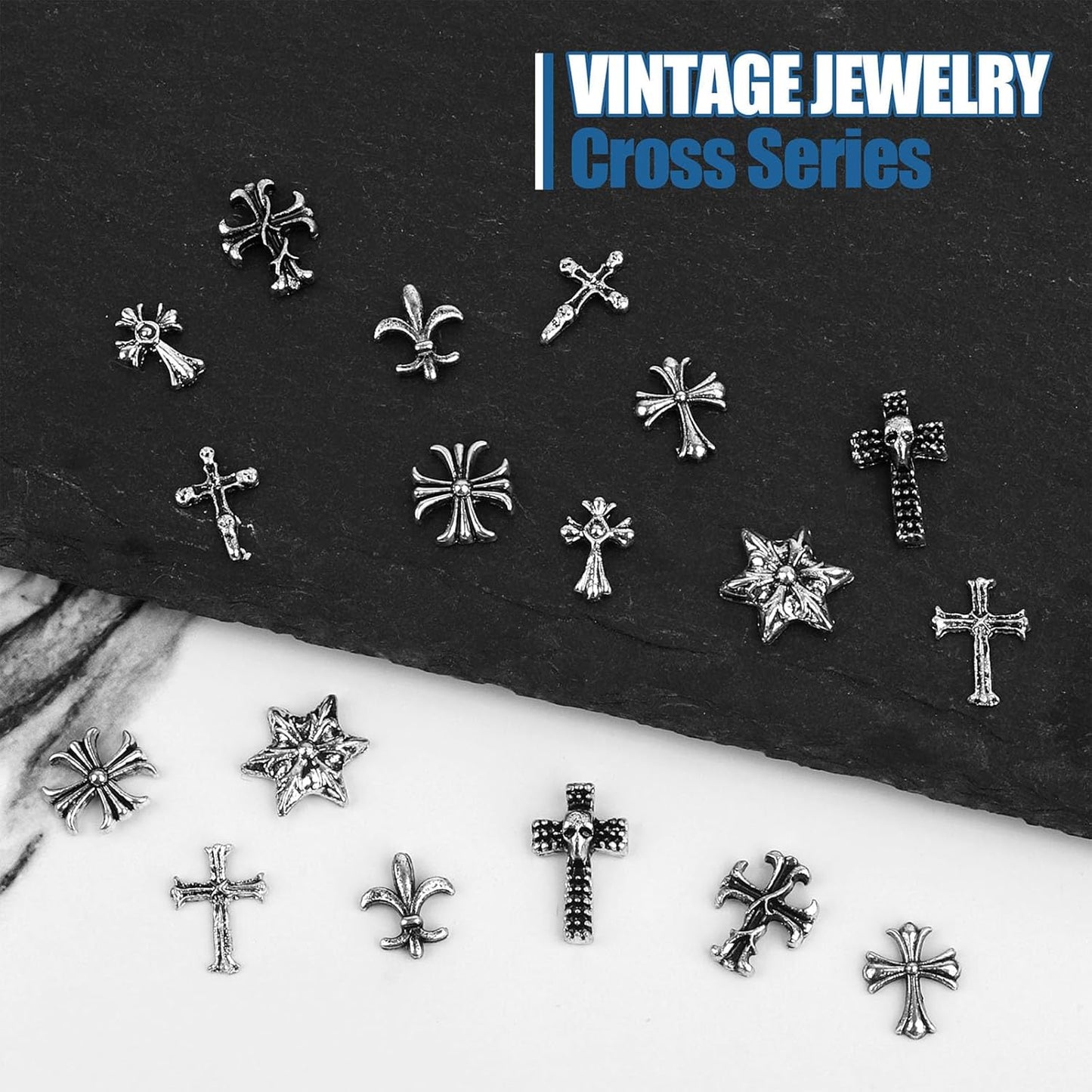 Artdone Nail Art Studs Kit, 3D Silver Cross Nail Charms and Star Gems Bulk Nail Jewels Shiny Crosses for DIY Professional Manicures Decoration-Velvo Beauty