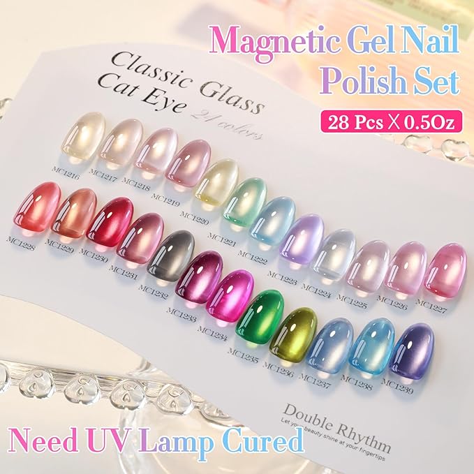 Double Rhythm 28Pcs 0.5Oz Glass Cat Eye Gel Nail Polish Set Same Color Same Bottle Soak Off Magnetic Jelly Gel Polish Kit Nail Art Manicure Salon DIY at Home (Nude Pink Blue Green-T24-10)-Velvo Beauty