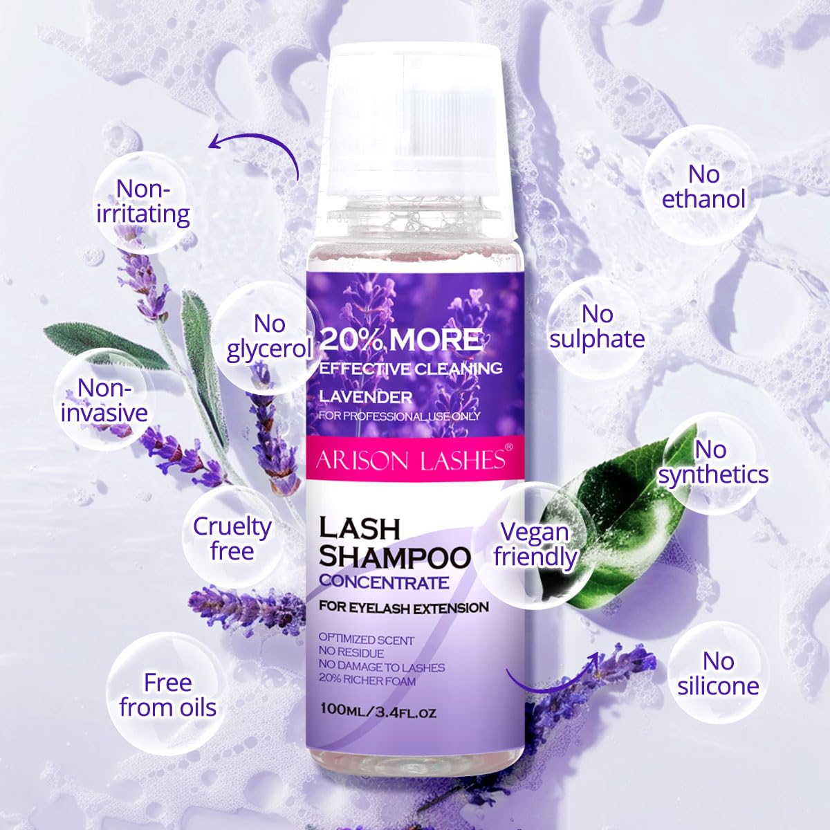 ARISON LASHES Lash Shampoo Concentrate for Lash Extensions 100ML Eyelash Cleanser Concentrate Oil-Free Eyelash Extension Shampoo with Salon Home Care(Lavender)-Velvo Beauty
