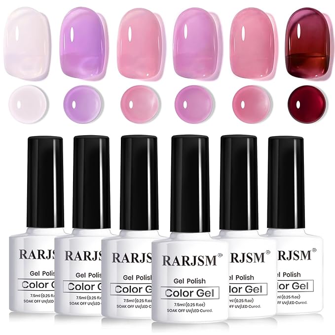 RARJSM Purple Pink Jelly Gel Nail Polish Set 6pcs Clear Crystal Glass Grape Purple Rose Pink Series Transparent Sheer Amber Milky Gel Varnish LED UV Curing Requires Soak off French Manicure Home Salon-Velvo Beauty