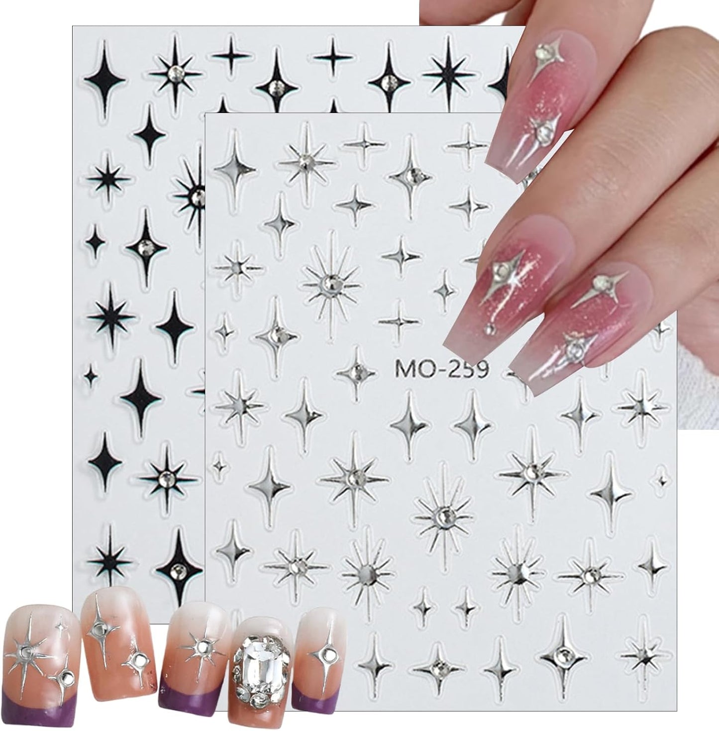 6Sheets Rhinestones Star Nail Art Stickers,3D Self-Adhesive Glitter Gold Silver White Black Stars Nail Art Design Decals Star Stickers for Acrylic Nails Art for Women Girls DIY Manicure Decorations-Velvo Beauty