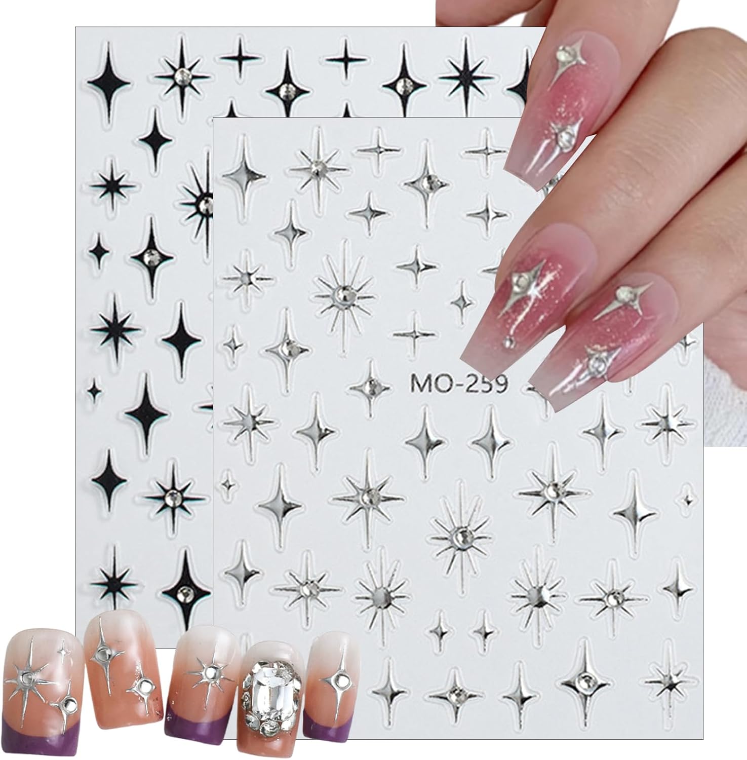 6Sheets Rhinestones Star Nail Art Stickers,3D Self-Adhesive Glitter Gold Silver White Black Stars Nail Art Design Decals Star Stickers for Acrylic Nails Art for Women Girls DIY Manicure Decorations-Velvo Beauty