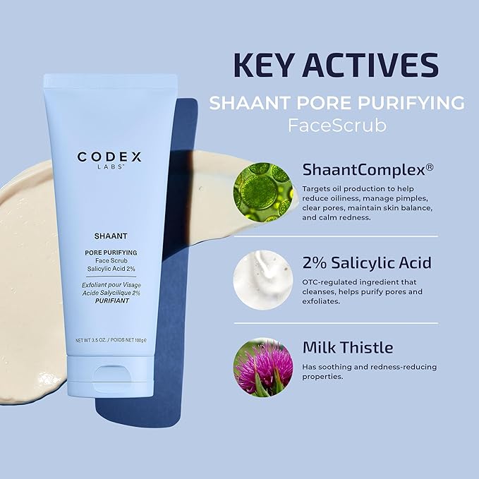 Codex Labs Shaant Pore Purifying Face Scrub - Oil Control Pore Minimizer Exfoliator - For Acne Prone, Oily Skin, All Skin Types - With 2% Salicylic Acid - Cruelty-Free, Vegan Skincare (100g)-Velvo Beauty