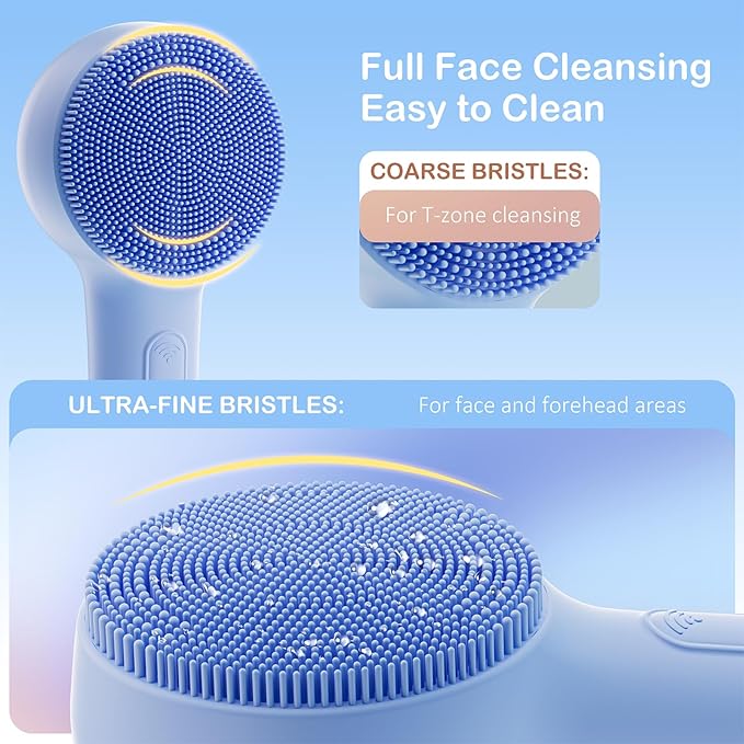Facial Cleansing Brush Silicone Face Scrubber Waterproof Rechargeable Exfoliator Massage Device for Men & Women, Deep Pore Cleansing, Exfoliating, Removing Blackhead Electric Face Scrub Brush (Blue)-Velvo Beauty