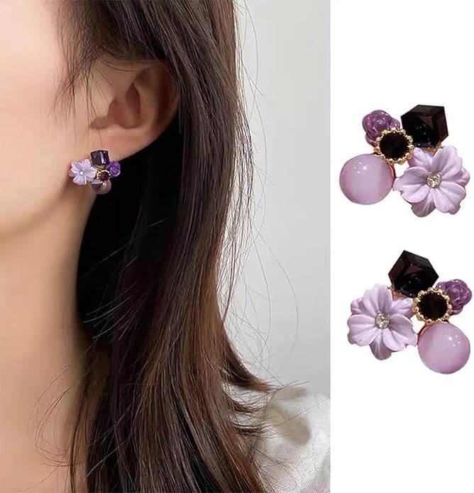 Boho Amethyst Flower Drop Earrings Vintage Purple Rhinestones Flora Petal Earrings Statement Purple Rose Studs Wedding Prom Geometric Crystal Flower Earrings Jewelry for Women-Velvo Beauty