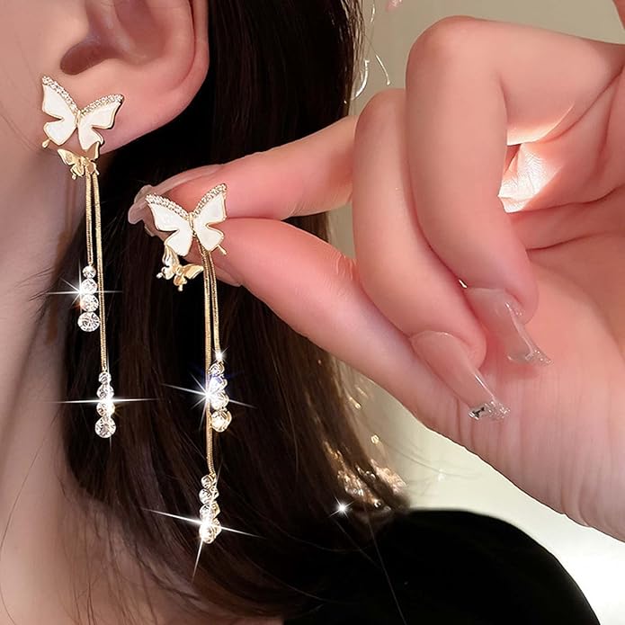 Vintage Crystal Butterfly Earrings Long Rhinestone Dangle Earrings Gold Chain Tassel Earrings Cz Butterfly Stud Earrings Jewelry for Women-Velvo Beauty
