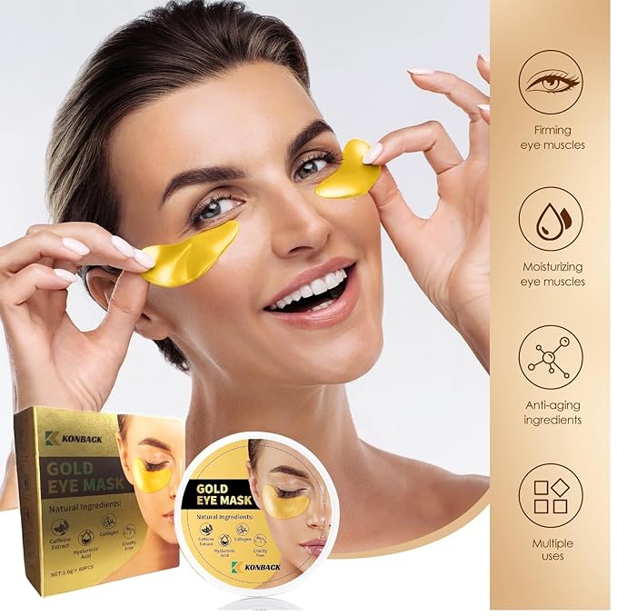 24K GOLD Eye Mask - 60 Pcs Collagen Under Eye Mask,Puffy Eyes and Dark Circles Treatments, Reduce Wrinkles and Fine Lines Undereye (Gold, 1)-Velvo Beauty
