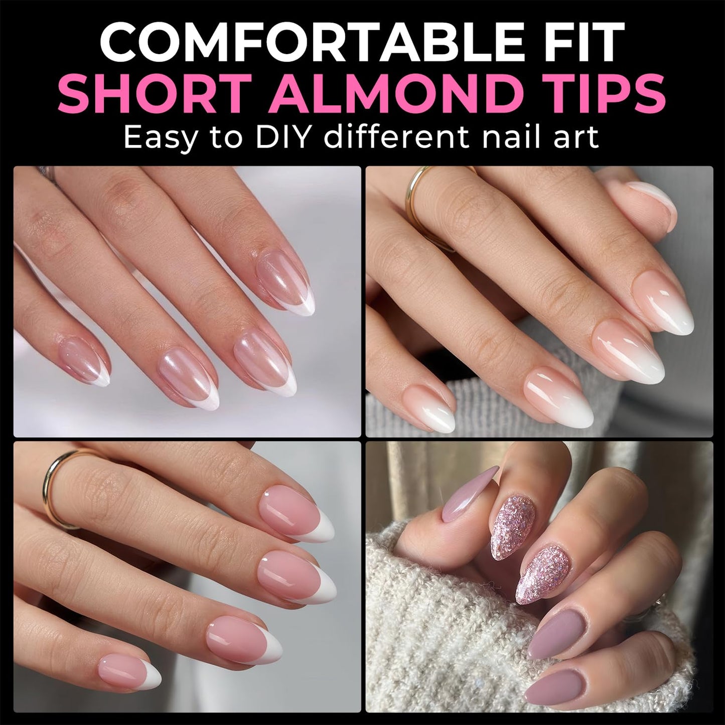 UNA GELLA Short Almond Fake Nails 216pcs Pre-shape Gel Acrylic Nail Tips for Full Cover Nail Extension Home DIY Nail Salon 12 Sizes Gelly Tips-Velvo Beauty