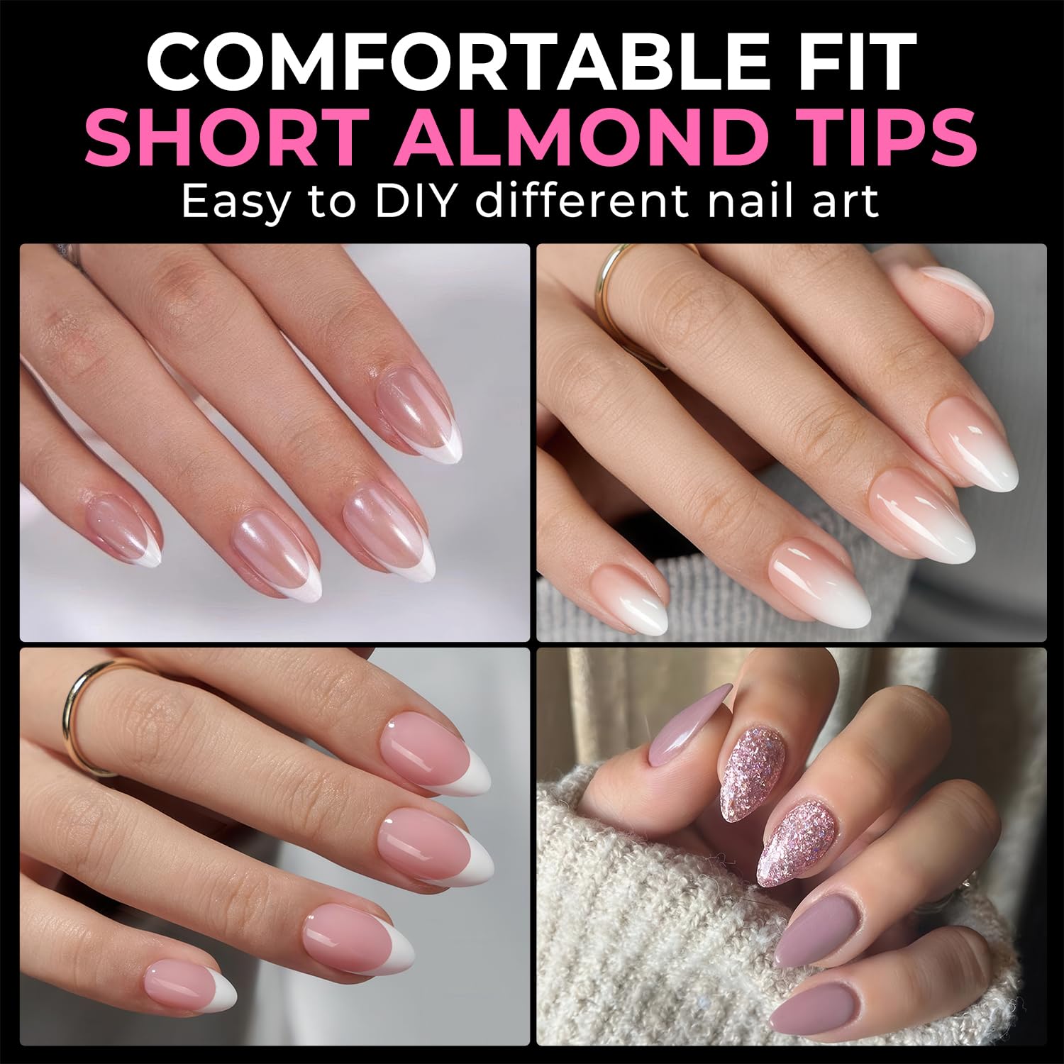 UNA GELLA Short Almond Fake Nails 216pcs Pre-shape Gel Acrylic Nail Tips for Full Cover Nail Extension Home DIY Nail Salon 12 Sizes Gelly Tips-Velvo Beauty