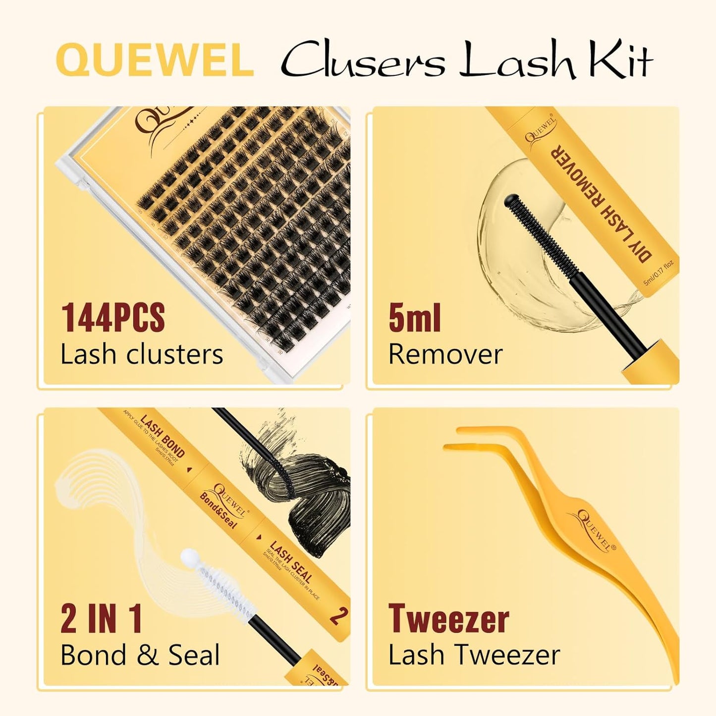 QUEWEL Lash Clusters Kit, Lashes Clusters Bond and Seal Waterproof, Eyelash Clusters Applicator Tool with Cluster Lashes Glue Remover for Natural Look DIY At Home(ZS-H01-kit)-Velvo Beauty