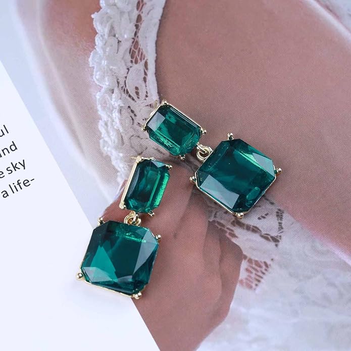 Vintage Emerald Square Earrings Green Emerald Drop Earrings Geometric Emerald Earrings Luxury Wedding Green Crystal Stud Earrings Jewelry for Women-Velvo Beauty