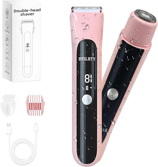 2 in 1 Bikini Trimmer for Women Dual Head Electric Shaver with LED Display,IPX7 Waterproof Wet & Dry, Painless Shaver for Underarm Leg Arm Body Face Private Area Pink-Velvo Beauty
