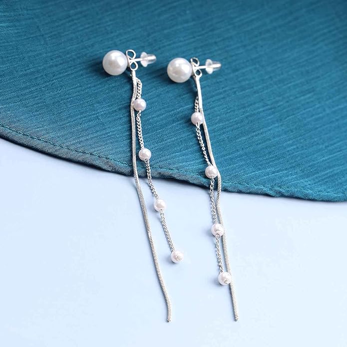 Vintage Pearl Dangle Earrings Long Pearl Chain Earrings Silver Pearl Tassel Drop Earrings Tiny Pearl Bridal Earrings Jewelry for Women-Velvo Beauty
