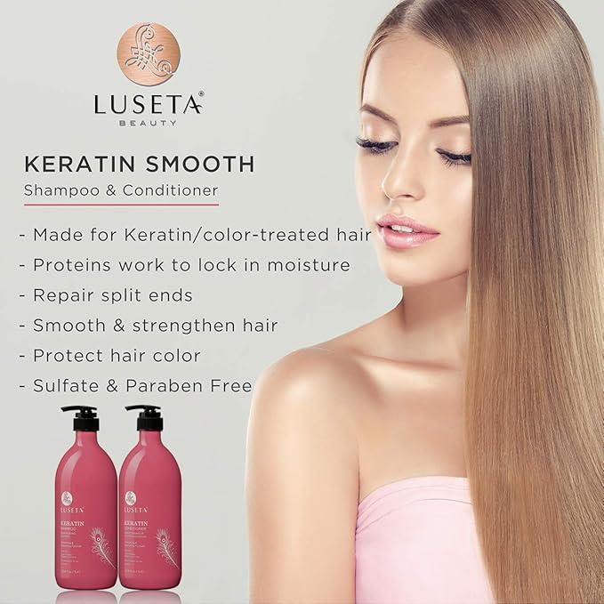 Luseta Keratin Smooth Shampoo and Conditioner Set Moisturizing and Hydrating for Damaged and Dry Hair Prevent Further Breakage Free of Sulfate and phosphate-Velvo Beauty