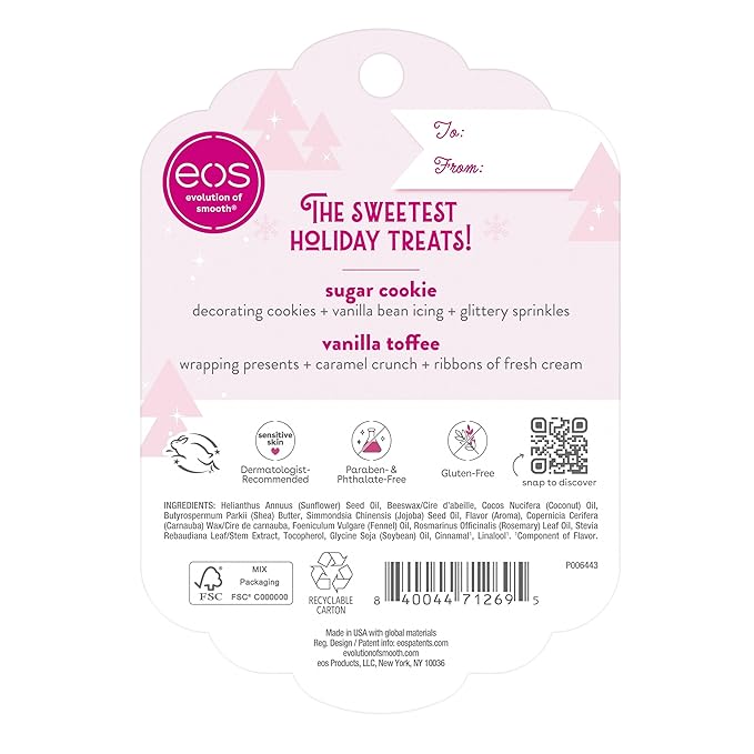 eos Holiday Lip Balm Gift- Sugar Cookie & Vanilla Toffee, Stocking Stuffers, All-Day Moisture Lip Care, 0.14 oz, 2-Pack-Velvo Beauty