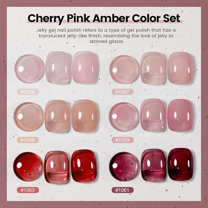 RARJSM Nude Jelly Gel Nail Polish Set 6pcs Clear Crytal Glass Pale Gray Pink Cherry Red Series Transparent Sheer Amber Milky Gel Varnish LED UV Curing Requires Soak off French Manicure Home Salon-Velvo Beauty