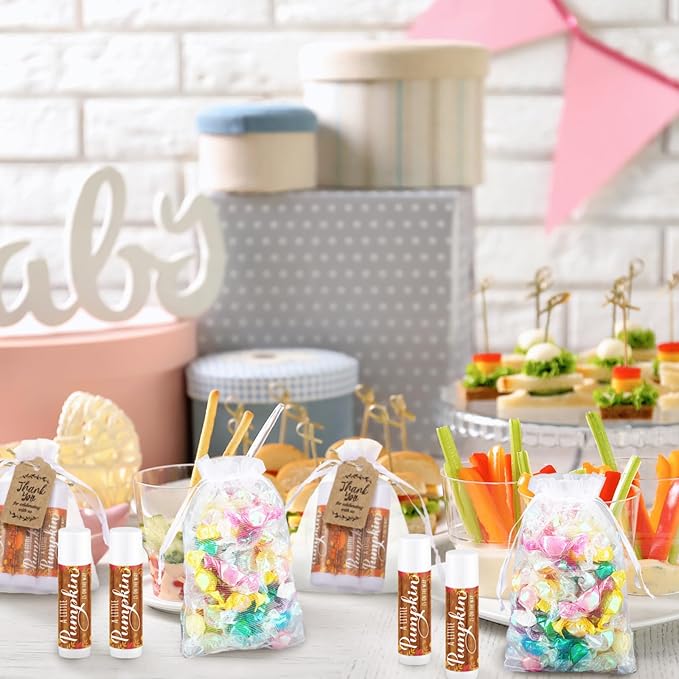 Demissle 50 Pcs Baby Shower Lip Balm Gift Set with 100 Pcs Organza Bags Baby Shower Party Favor for Guest Thank You Tag Rope Baby Shower Party Decoration Gender Reveal Souvenirs(Pumpkin)-Velvo Beauty