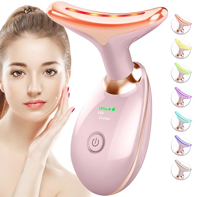 Red-Light-Therapy-for-Face-and-Neck, 7 Color Face Massager Tool for Wrinkles, Double Chin, Vibrating Facial Massager with Thermals for Skin Care, Glossy Pink-Velvo Beauty