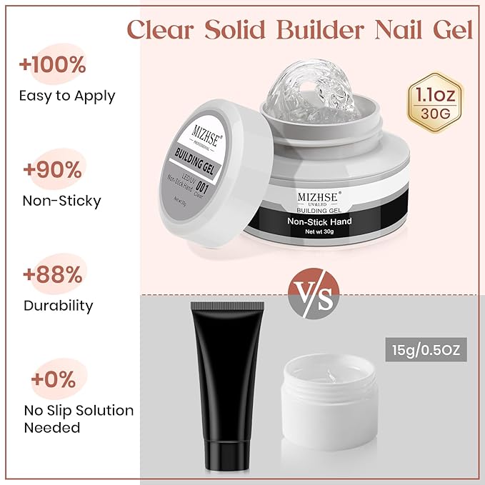 MIZHSE Clear Solid Builder Gel For Nails, 30g Non-Sticky Nail Extension Hard Builder Gel, Nail Strengthen 3D Sculpting Nail Art for Carving Modeling Soak Off Manicure Home-Velvo Beauty