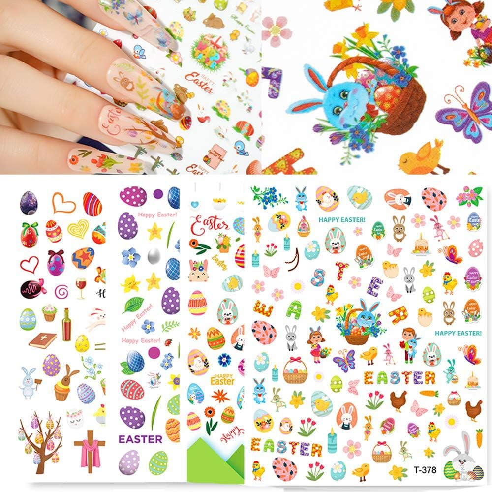 Easter Nail Stickers Rabbit Decals Cute Cartoon Bunny Eggs Chicks Stickers for Women Girls Nail Art Decorations Manicure Finger Tip Decor 10sheets 3D Self-Adhesive Decals-Velvo Beauty