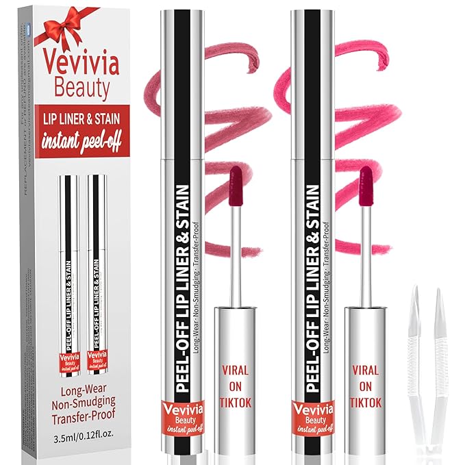 2pcs Lip Stain Peel Off - Lip Liner Stain Long Lasting Waterproof,2-in-1 Lip Liner with Tweezer Nude Matte,Non-Stick Cup,Highly Pigmented，Natural Finish,Stay On All Day,Perfect for Gift (Mauve+Rose)-Velvo Beauty