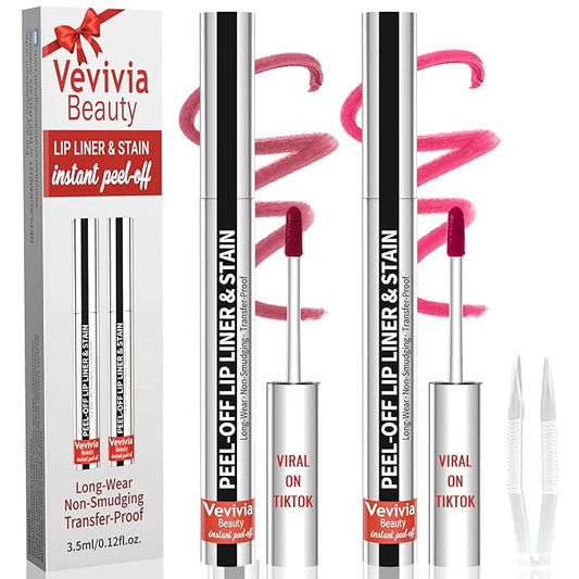 2pcs Lip Stain Peel Off - Lip Liner Stain Long Lasting Waterproof,2-in-1 Lip Liner with Tweezer Nude Matte,Non-Stick Cup,Highly Pigmented，Natural Finish,Stay On All Day,Perfect for Gift (Mauve+Rose)-Velvo Beauty