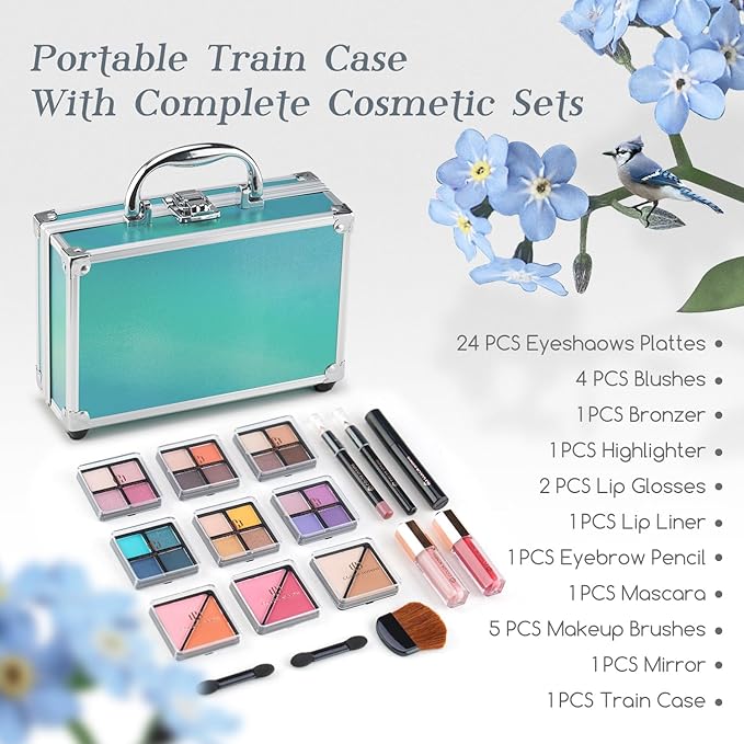 Color Nymph Beginner Makeup Kits For Teens With Train Case Included Full Makeup Kit Eyeshadow Palette Blushes Bronzer Highlighter Lipstick Brushes Mirror (Green)-Velvo Beauty