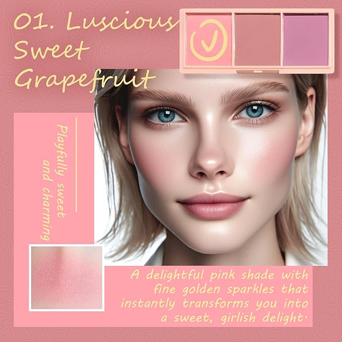 3 Color Matte Pink Blush Palette with Brush, Long Lasting Cheek Makeup, Light and Smooth Blush Powder for Face Beauty-Velvo Beauty