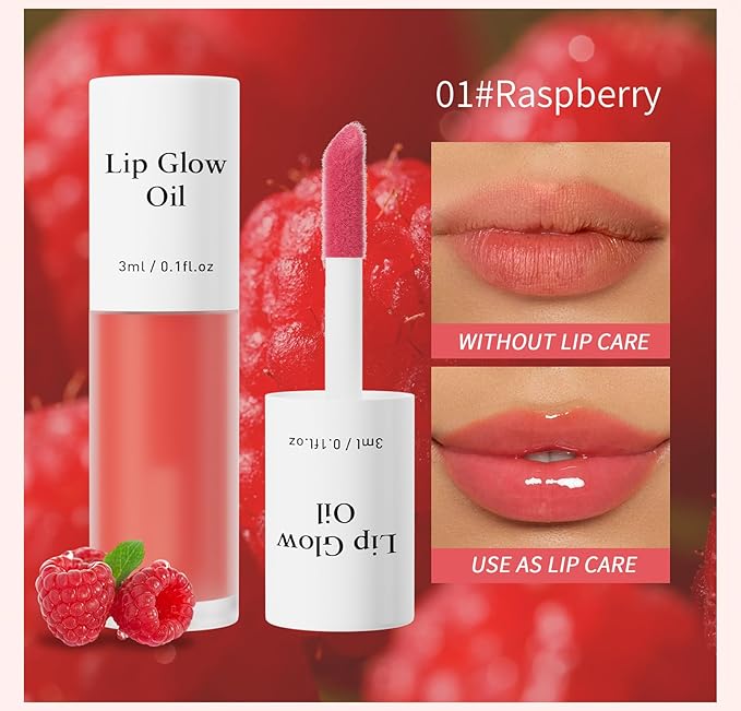 Plumping Lip Oil, Long Lasting Hydrating Lip Stain Lip Balm Raspberry Fruit Revitalizing, Transparent Lip Care Oil for Dry Lip (Raspberry Red)-Velvo Beauty