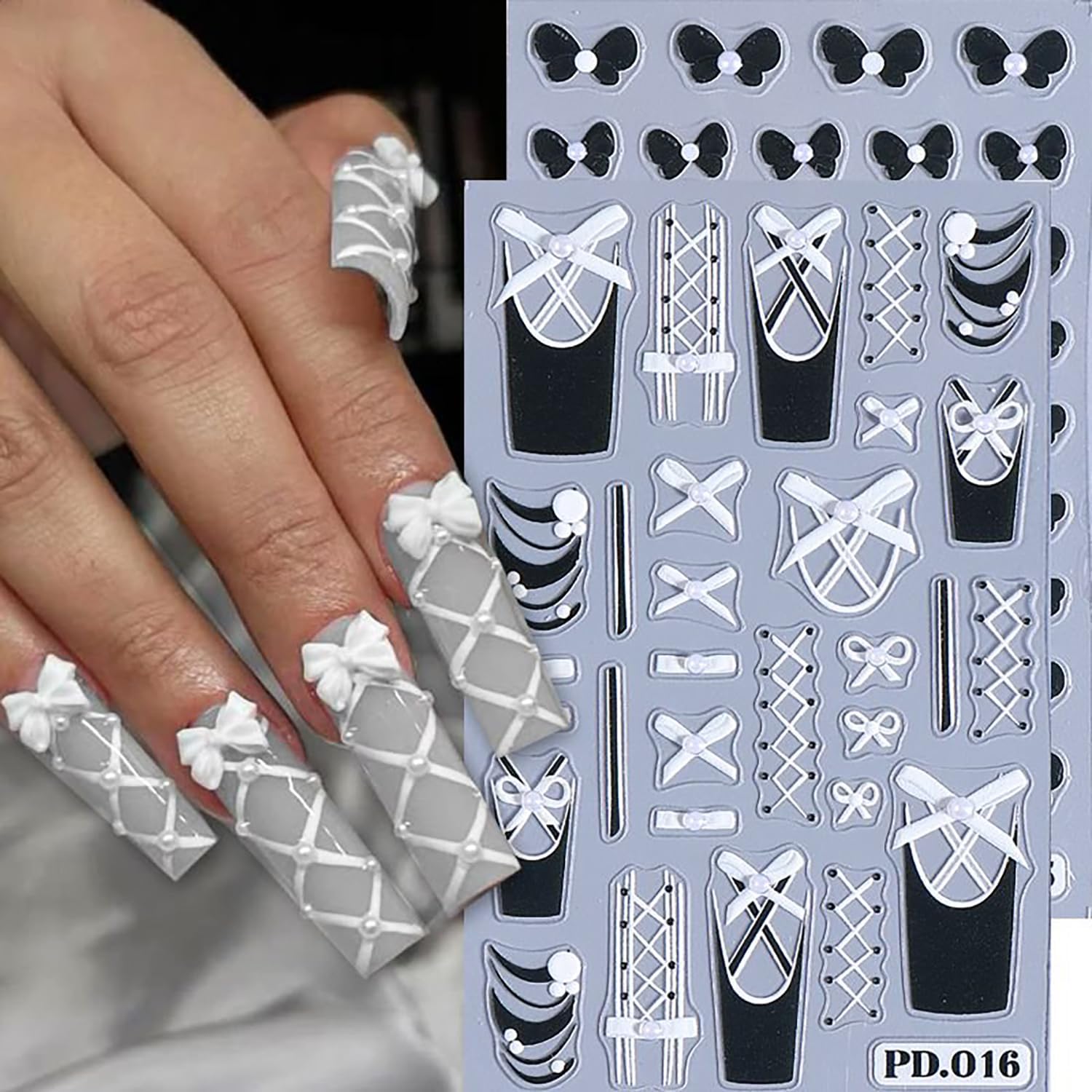 5 Sheets Ballet Bow Nail Art Stickers 5D Relief Self -Adhesive Pearl Bow Nail Decals Holographic Lace Bows Love Heart Nail Stickers French Nail Decoration for Women Manicure Supplies-Velvo Beauty