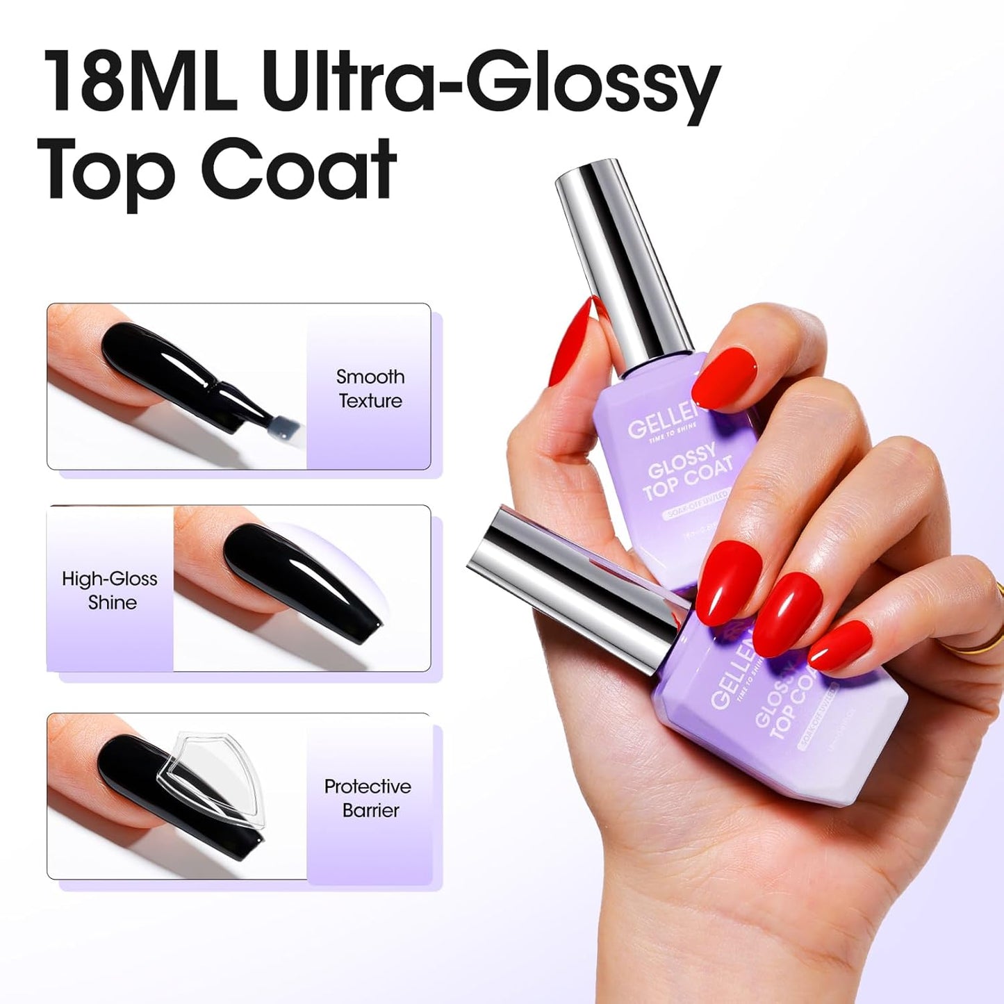 GELLEN 2 Pcs No Wipe Gel Top Coat Set, 18 ml Glossy Top Coat Gel Nail Polish, High Shiny Soak Off UV Lamp Clear Nail Polish, Home Salon Manicure Set-Velvo Beauty