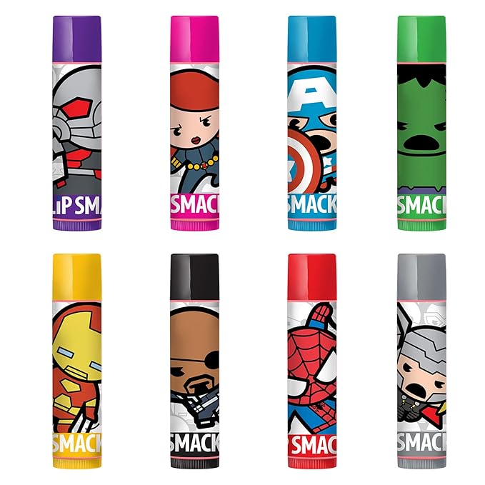Lip Smacker Marvel Avenger Flavored Lip Balm Party Pack 8 Count, Super Hero, Spirderman, Iron Man, Captain America, Clear, For Kids-Velvo Beauty