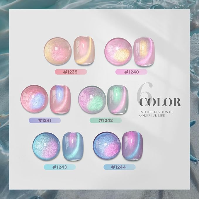 RARJSM Aurora Pearl Cat Eye Gel Nail Polish Set 6pcs Ceramic Silver Shimmer Universal Pink Green Blue Purple Orange Glitter Mermaid Swirl Shell Thread Effect with Magnet Stick Curing Requires-Velvo Beauty