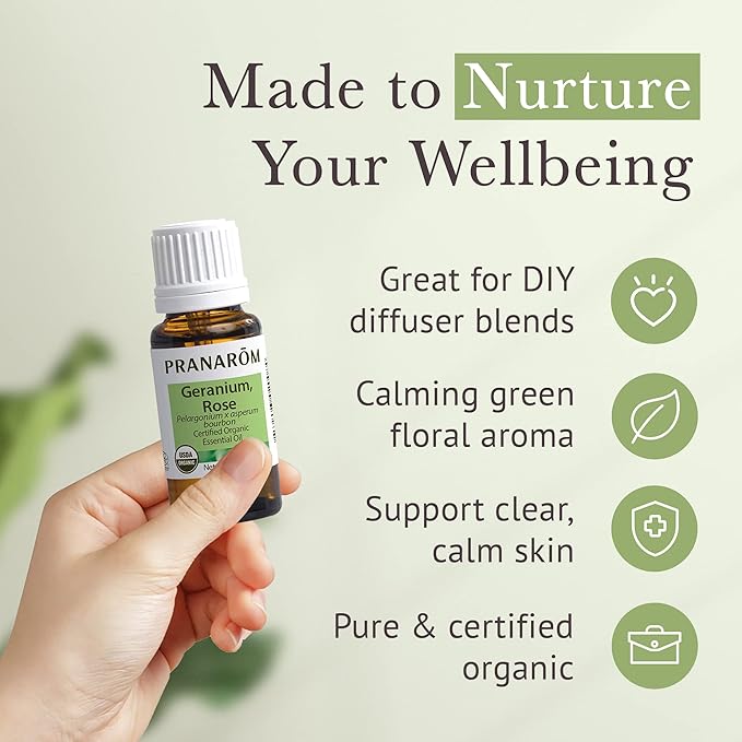 Pranarom USDA Certified Organic Rose Geranium Essential Oil (5ml), 100% Pure Undiluted Therapeutic Grade from Madagascar for Aromatherapy, Diffuser, Skincare, Relaxation, Pure Rose Scent-Velvo Beauty