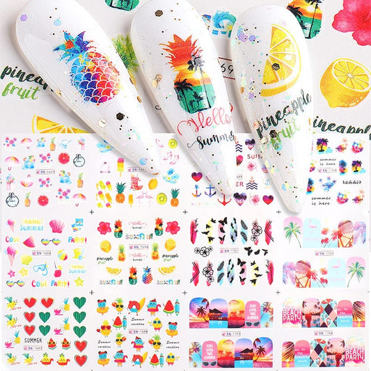 Summer Nail Art Stickers Decals, 12 Sheets of Fruit Hawaii Design Water Transfer Nail Slider Tattoos Holographic Colorful Pineapple Watermelon Pattern Acrylic Nail Art for Summer DIY Nail Decoration-Velvo Beauty