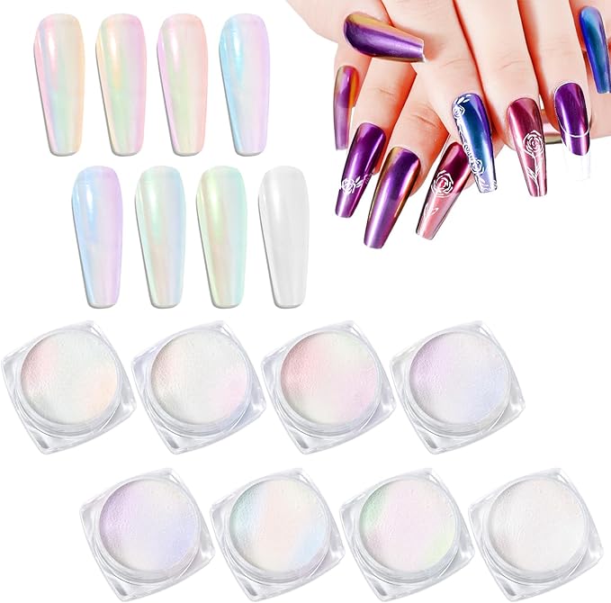 Laza Chameleon Pearl Chrome Nail Powder, 8 Colors Glazed Donut Metallic Mirror Effect Pigment, Iridescent Aurora Nail Glitter Holographic Dust Kit for Gel Nail Art Decoration, Gifts – Gorgeous Mermaid-Velvo Beauty