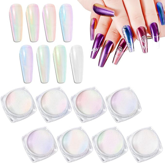 Laza Chameleon Pearl Chrome Nail Powder, 8 Colors Glazed Donut Metallic Mirror Effect Pigment, Iridescent Aurora Nail Glitter Holographic Dust Kit for Gel Nail Art Decoration, Gifts – Gorgeous Mermaid-Velvo Beauty
