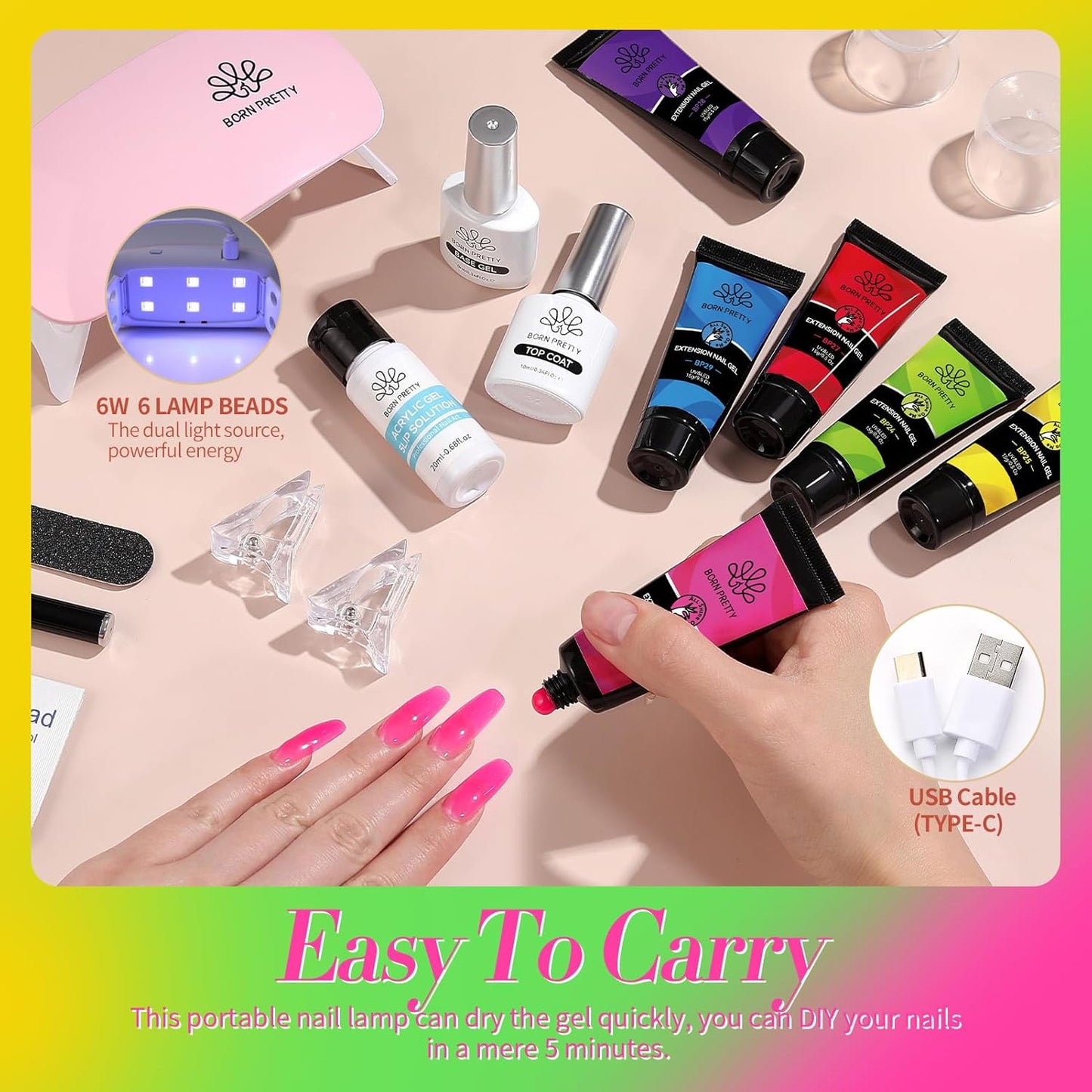 BORN PRETTY Neon Extension Nail Gel Kit-6 Colors Gel Kit Neon Pink Blue All-In-1 with Nail Lamp Base Top Coat Set Nail Forms French Manicure Set-Velvo Beauty