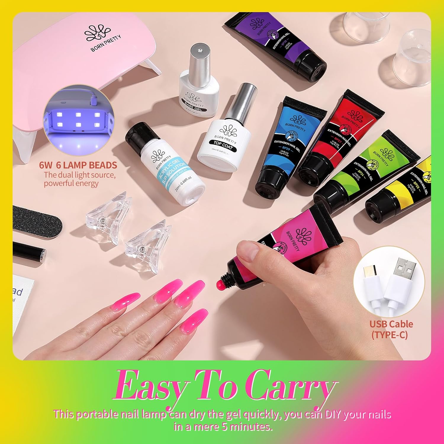 BORN PRETTY Neon Extension Nail Gel Kit-6 Colors Gel Kit Neon Pink Blue All-In-1 with Nail Lamp Base Top Coat Set Nail Forms French Manicure Set-Velvo Beauty