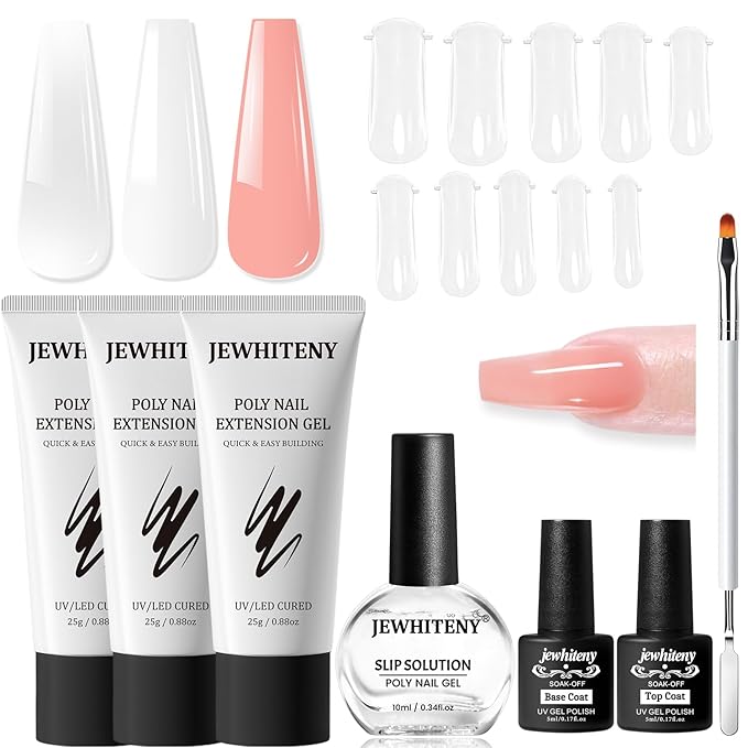 JEWHITENY Poly Nail Gel Set Clear Pink White Poly Extension Gel With Base Coat Top Coat Slip Solution French Manicure Need U V Lamp Curing for Finger Art and Home DIY-Velvo Beauty