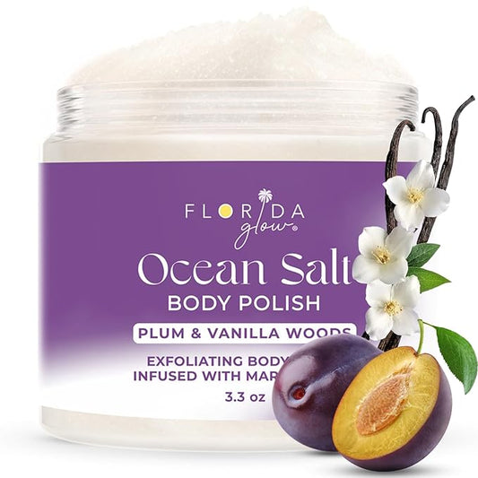 Sea Salt Body Scrub by Florida Suncare - Ocean Salt Body Polish Infused with Marine Algae - Exfoliating Face and Body Scrub -Facial Scrub Exfoliator to Tackle Acne, Scars (Plum & Vanilla Woods, 3.3oz)-Velvo Beauty