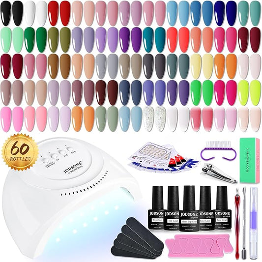 JODSONE Gel Nail Polish Kit 60 PCS with U V Light Soak off Base Top Coat 55 Shine Colors Gel Nail Kit Bright and Dark Brown Wine Red Series Manicure Set for Women and Girls-Velvo Beauty