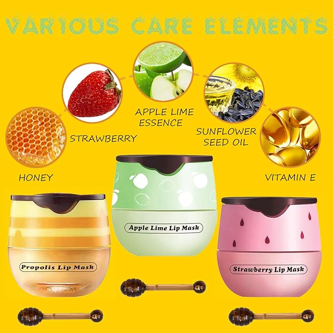 3PCS Lip Balm Honey Pot, Honey Pot Lip Balm for Dry Cracked Lips, Strawberry Lip Balm Scrubs Exfoliator & Moisturizer, Hydrating Lip Balm Honey Pot with Wand, Lip Sleeping Mask (3pcs)-Velvo Beauty
